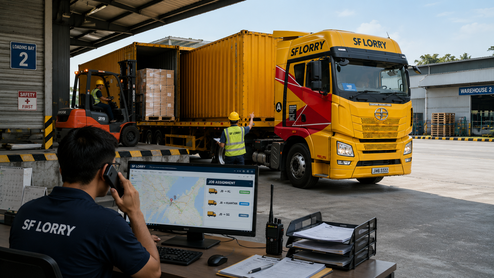 Container haulage service in Johor with real-time logistics coordination and warehouse loading operations.