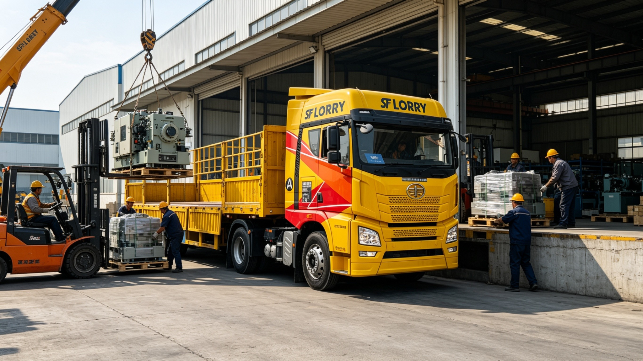 SF LORRY open truck loading heavy industrial machinery at a warehouse using crane and forklift in Malaysia.