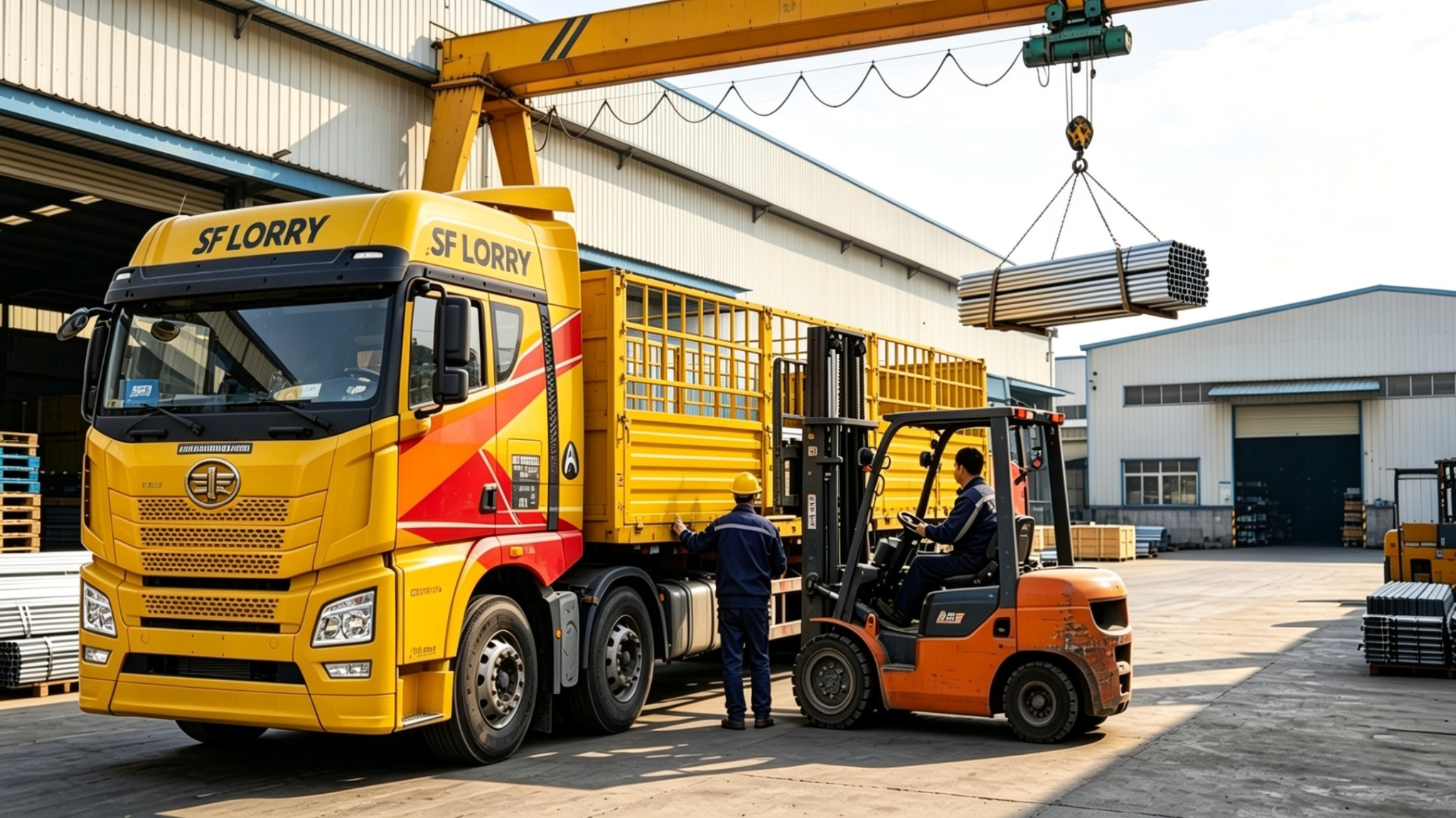 SF LORRY 40ft open truck being loaded with steel pipes using a forklift and overhead crane at an industrial warehouse.