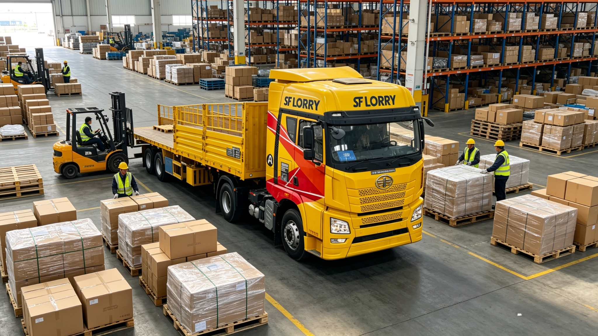 SF LORRY truck collecting palletized cargo inside a modern warehouse with forklifts and logistics staff.