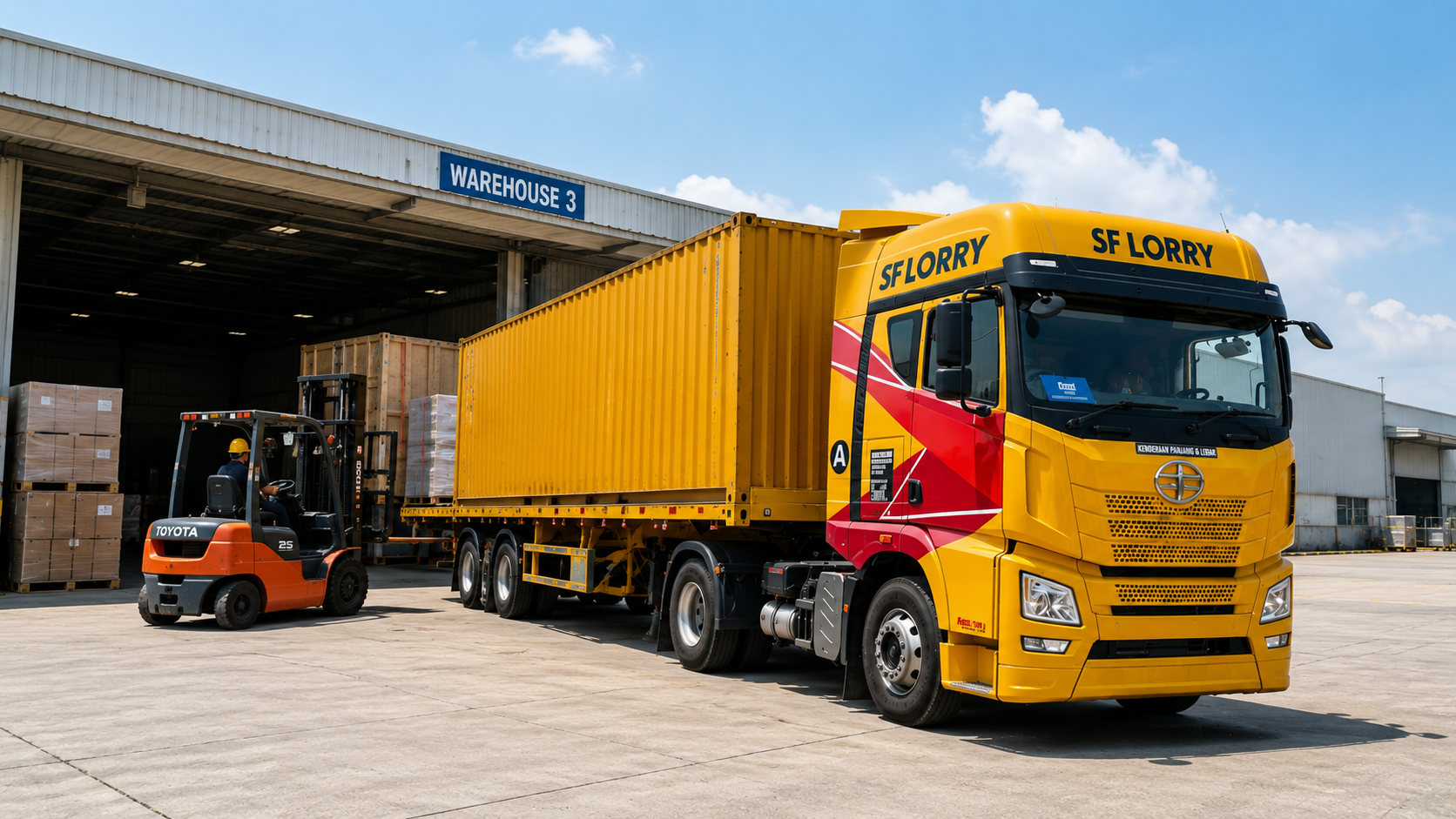 SF LORRY container haulage truck at a Johor warehouse during container loading and transportation.
