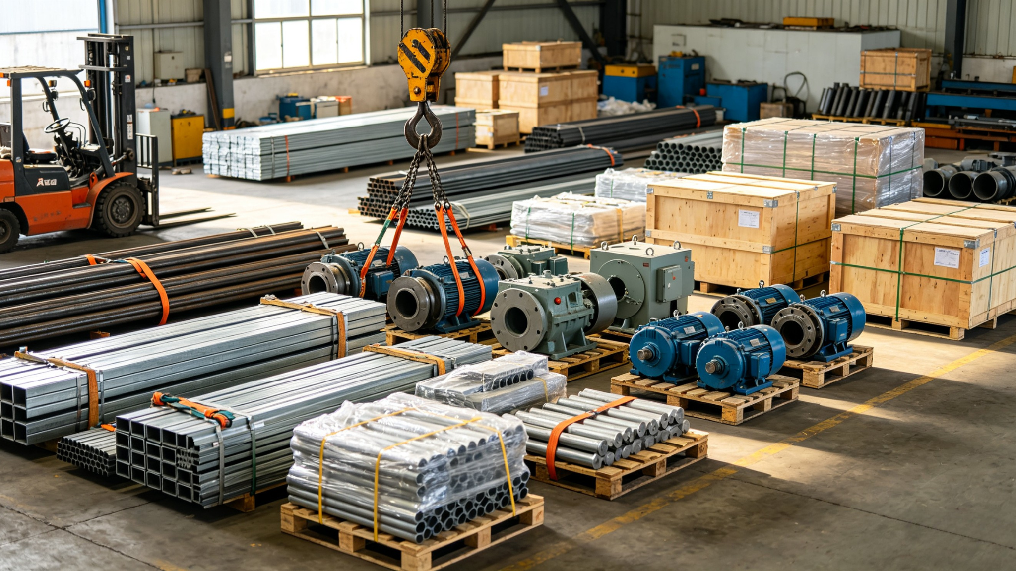 Steel pipes, industrial machinery, and palletized cargo stored in a warehouse, ready for transportation by SF LORRY 40ft open truck.