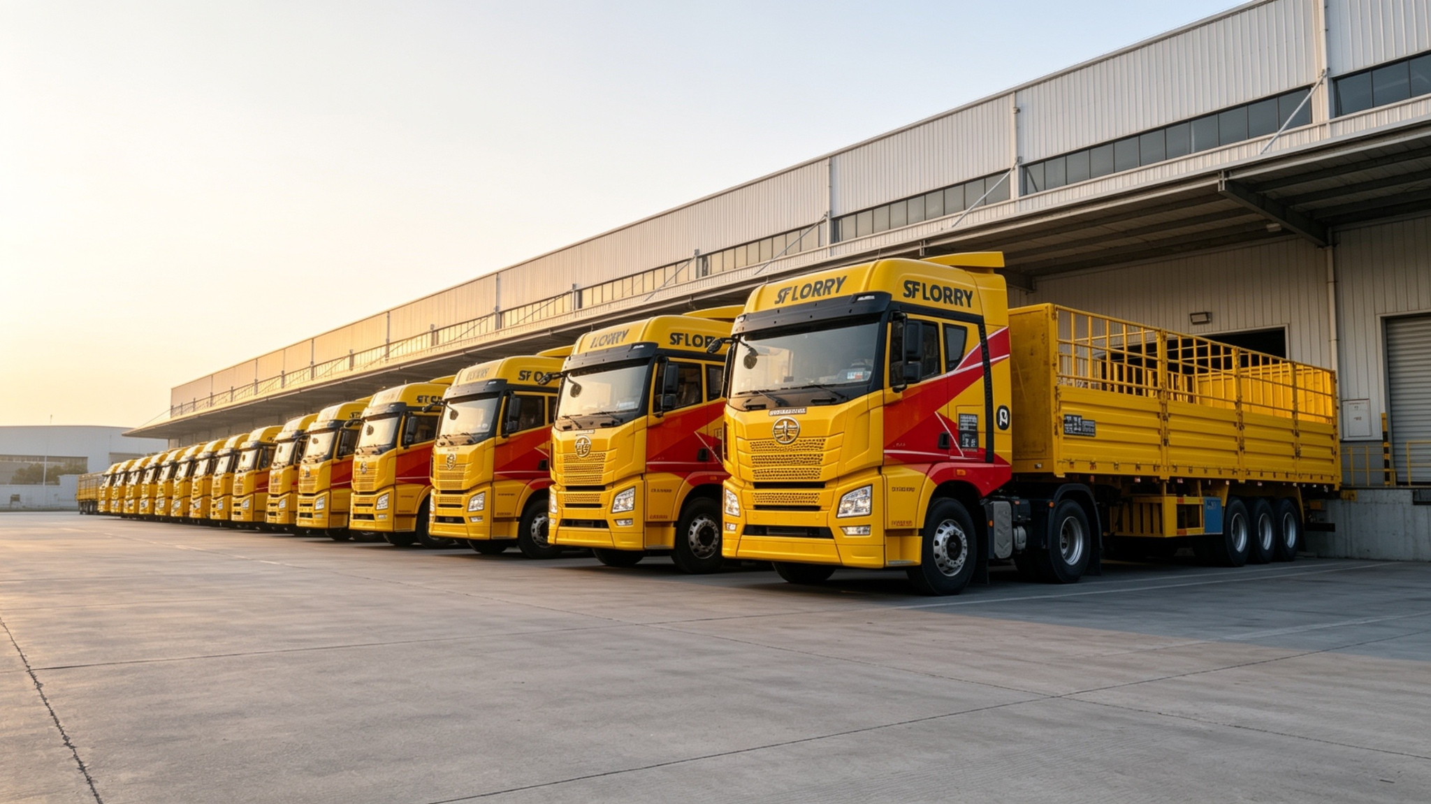 SF LORRY fleet of 40ft open trucks parked outside the warehouse, providing heavy cargo and industrial transportation services across Malaysia.