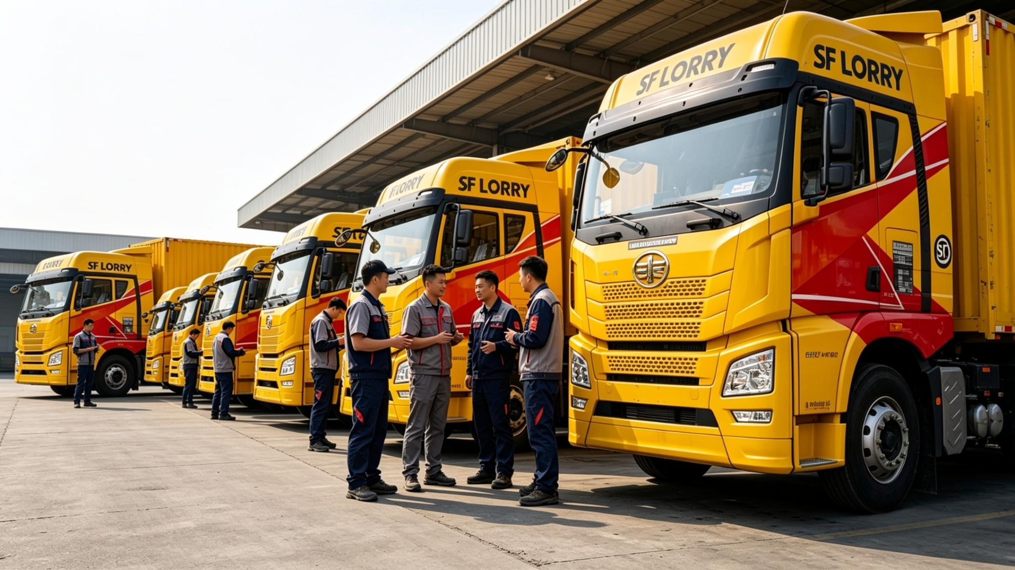 SF LORRY haulage truck fleet with professional drivers standing beside container trucks at the company warehouse in Malaysia.