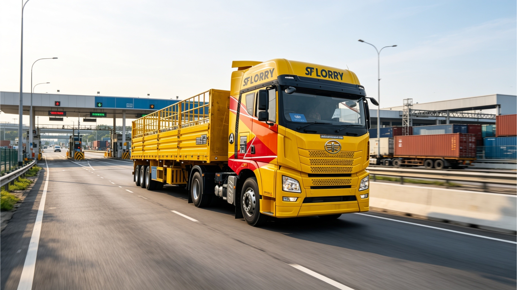 跨境运输中的 40ft open truck 正在从马来西亚柔佛运送商业货物到新加坡