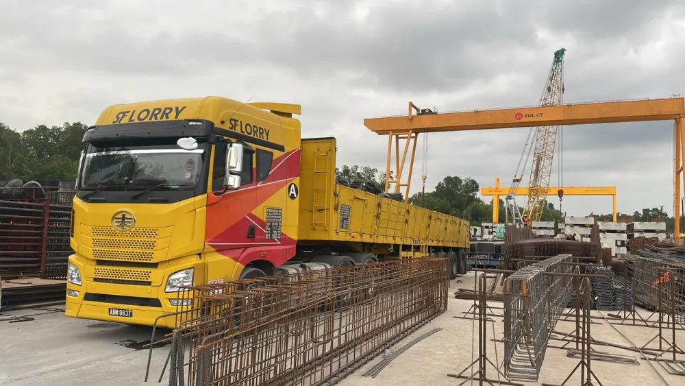 SF Lorry truck at a steel yard transporting reinforcing steel